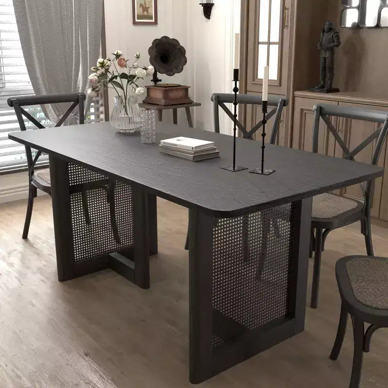 PexFix 67 x 33.5 Table de Salle à Manger de Ferme Meuble Table de Cuisine Carrée Noire avec Pieds en Rotin Tressé pour Cuisine Bar Salon