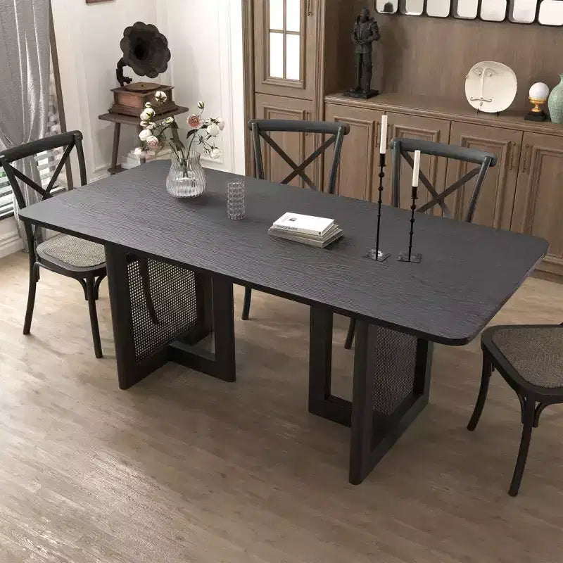 PexFix 67 x 33.5 Table de Salle à Manger de Ferme Meuble Table de Cuisine Carrée Noire avec Pieds en Rotin Tressé pour Cuisine Bar Salon