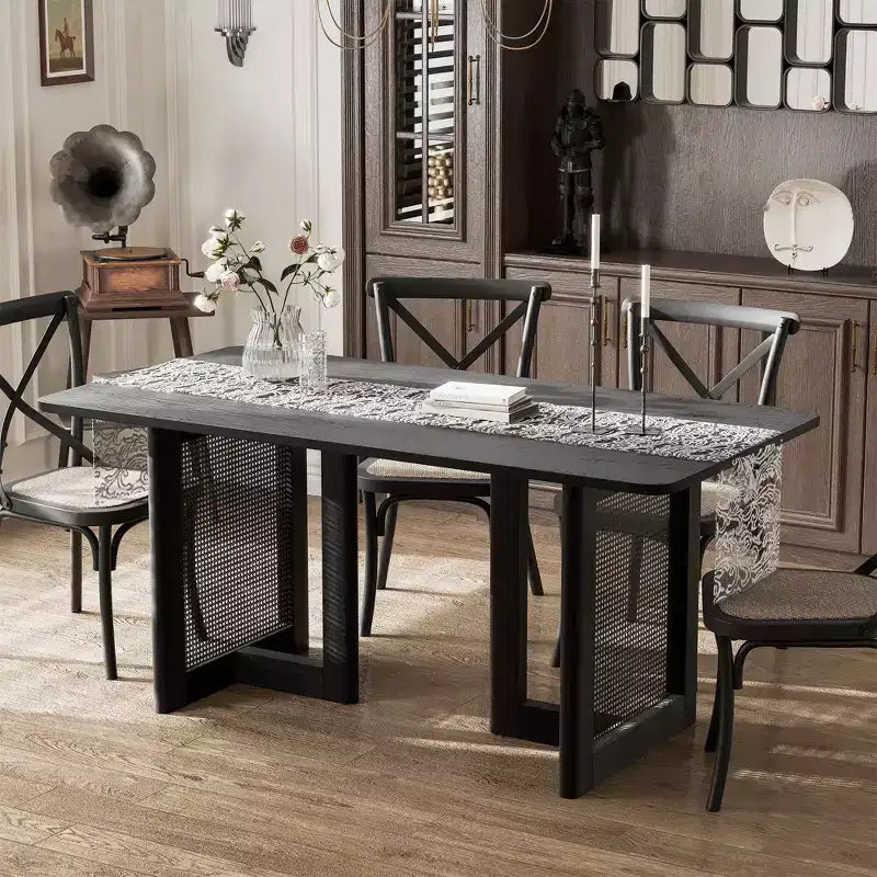 PexFix 67 x 33.5 Table de Salle à Manger de Ferme Meuble Table de Cuisine Carrée Noire avec Pieds en Rotin Tressé pour Cuisine Bar Salon