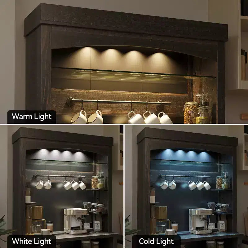 Buffet de cuisine de 72 po avec rangement, meuble de bar à café avec lumières LED