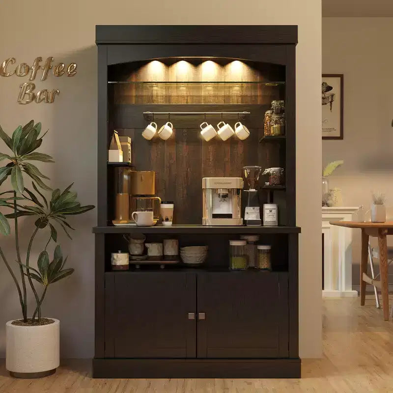 Buffet de cuisine de 72 po avec rangement, meuble de bar à café avec lumières LED