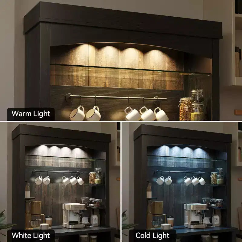 Buffet de cuisine de 72 po avec rangement, meuble de bar à café avec lumières LED