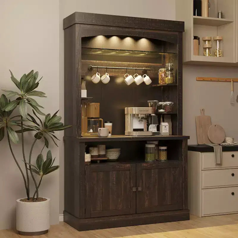 Buffet de cuisine de 72 po avec rangement, meuble de bar à café avec lumières LED