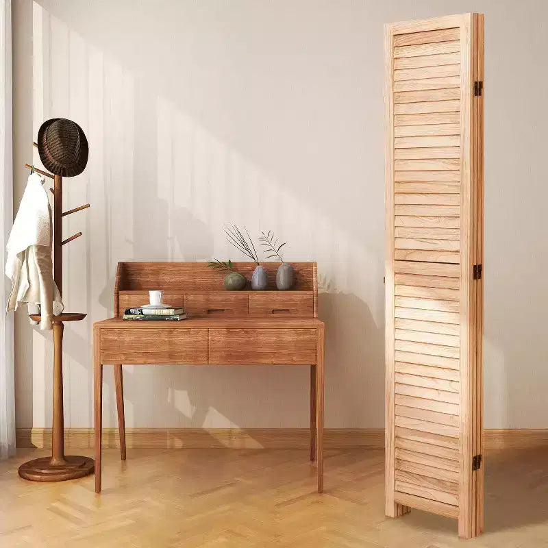 MAYEERTY Séparateur de pièce pliant 4 panneaux en bois massif Naturel pour maison/bureau 140,2 x 165,1 cm