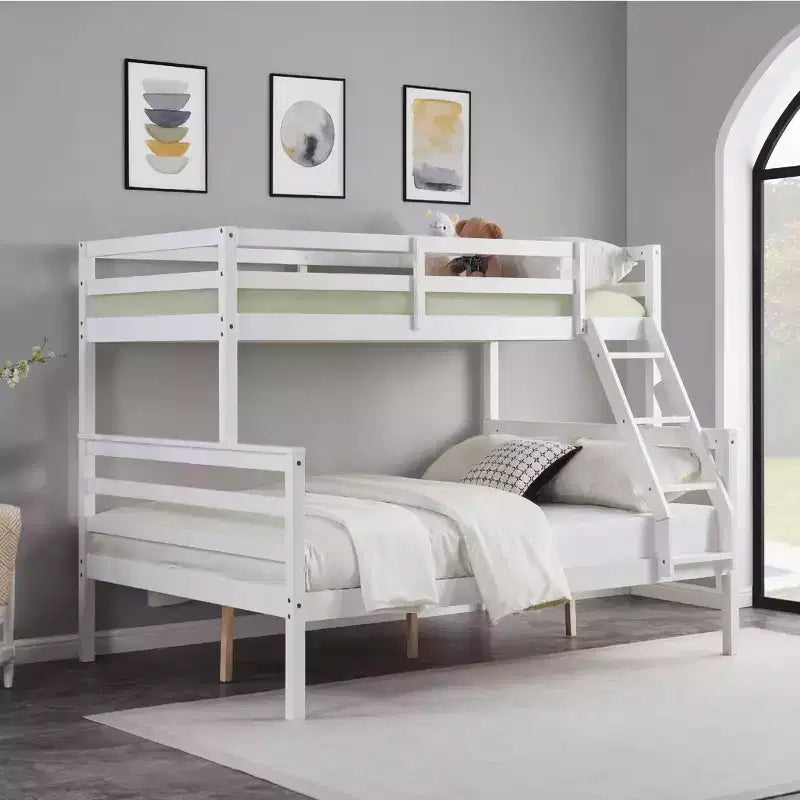 Twin over Full Bunk Bed with Ladder  Wooden Frame with High Guardrails for Kids  No Box Spring Needed  Sturdy and Space-Saving  White