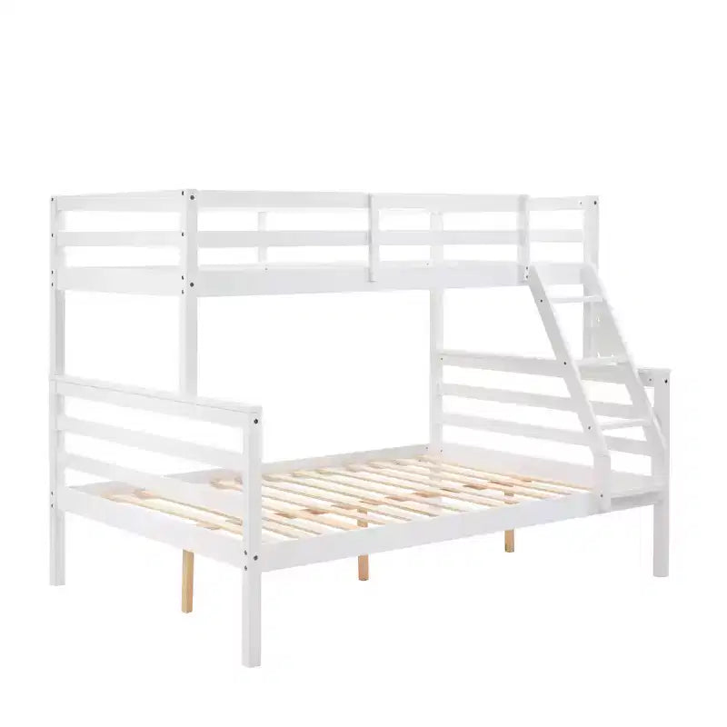 Lit superposé jumeau sur grand avec échelle, Cadre en bois avec barrières de sécurité hautes pour enfants, Aucun sommier tapissier requis, Robuste et peu encombrant, Blanc