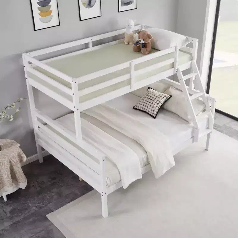 Lit superposé jumeau sur grand avec échelle, Cadre en bois avec barrières de sécurité hautes pour enfants, Aucun sommier tapissier requis, Robuste et peu encombrant, Blanc