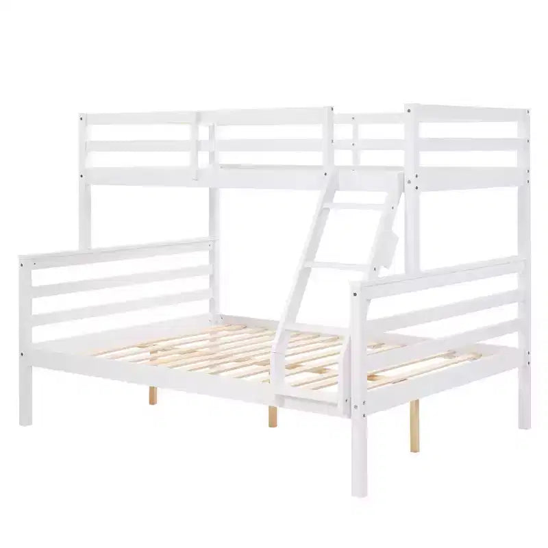 Lit superposé jumeau sur grand avec échelle, Cadre en bois avec barrières de sécurité hautes pour enfants, Aucun sommier tapissier requis, Robuste et peu encombrant, Blanc