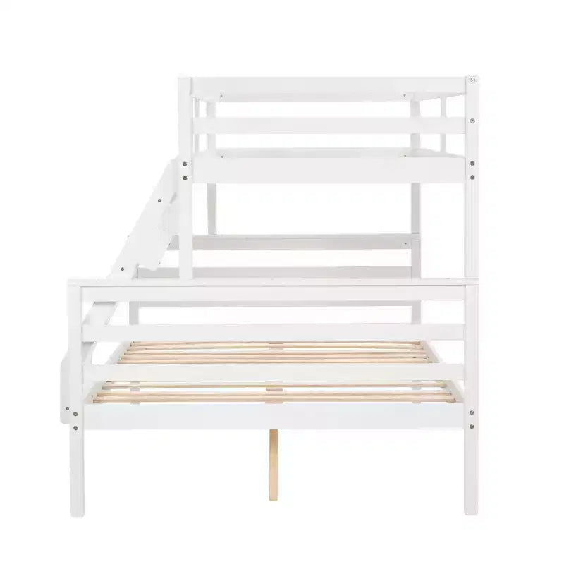 Lit superposé jumeau sur grand avec échelle, Cadre en bois avec barrières de sécurité hautes pour enfants, Aucun sommier tapissier requis, Robuste et peu encombrant, Blanc