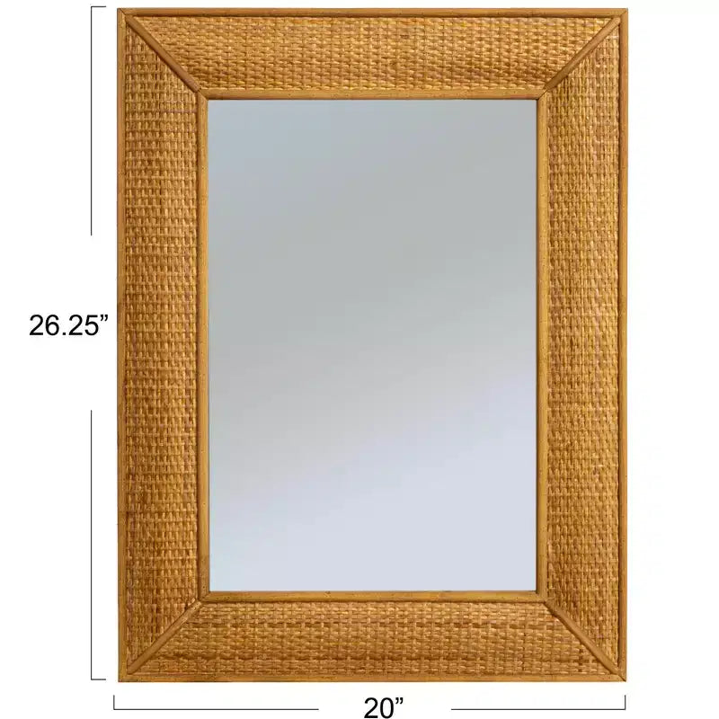 Miroir mural rectangulaire Storied Home avec cadre en bois et détails en rotin, marron