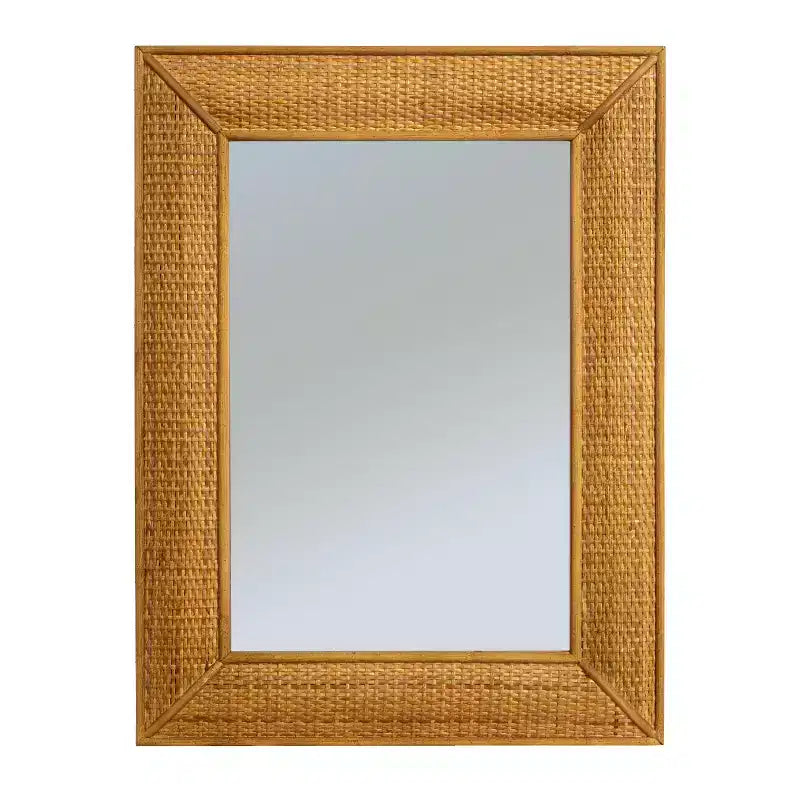 Miroir mural rectangulaire Storied Home avec cadre en bois et détails en rotin, marron