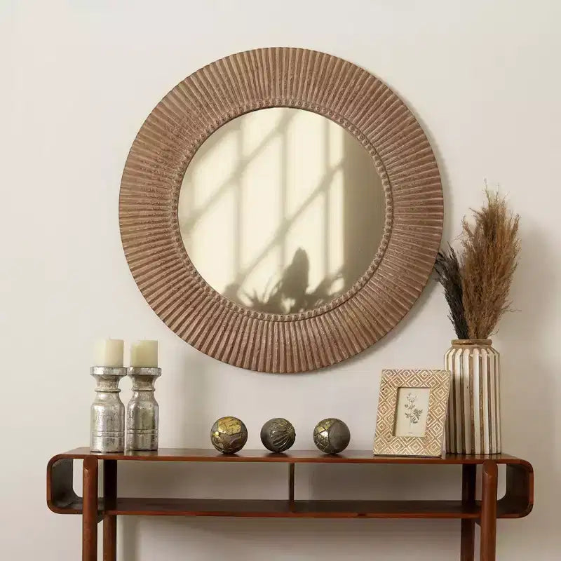 GDFStudio Darwin Rustic Farmhouse Style 36 Handcarved Wood Round Decorative Hanging Wall Mirror