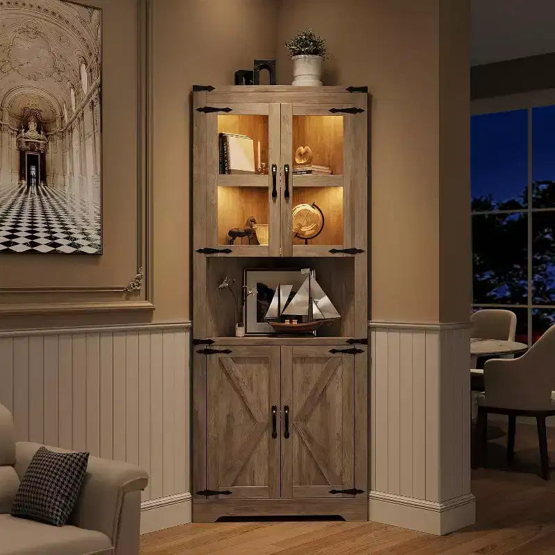 Meuble d'angle de ferme haut avec lumières intégrées, porte vitrée et étagères réglables, parfait pour le salon et l'organisation de la cuisine