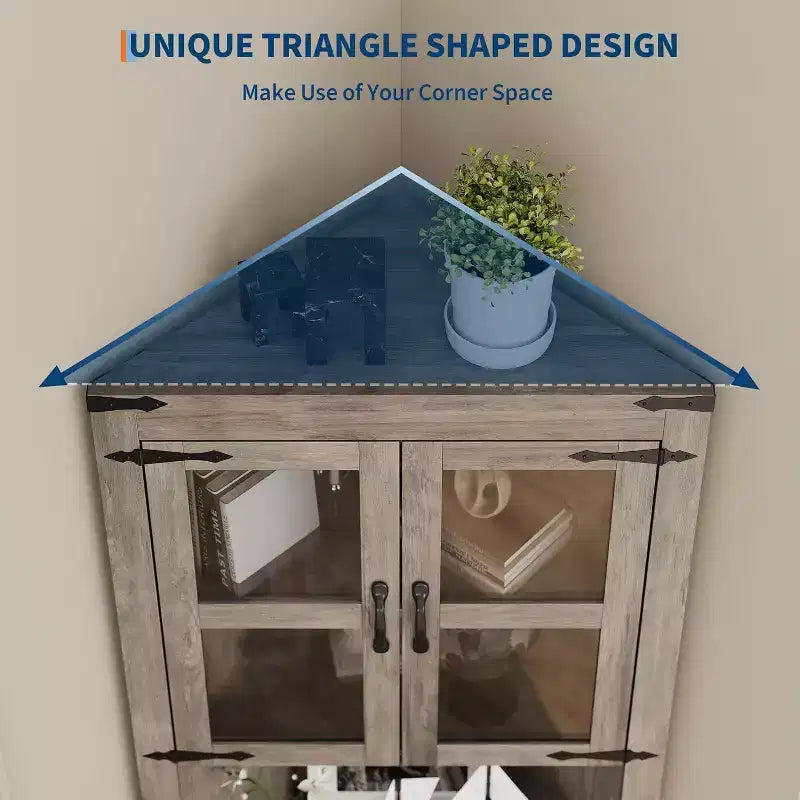 Meuble d'angle de ferme haut avec lumières intégrées, porte vitrée et étagères réglables, parfait pour le salon et l'organisation de la cuisine