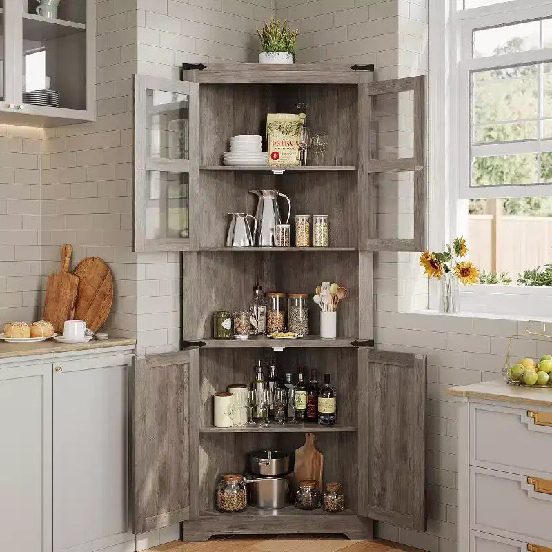 Meuble d'angle de ferme haut avec lumières intégrées, porte vitrée et étagères réglables, parfait pour le salon et l'organisation de la cuisine