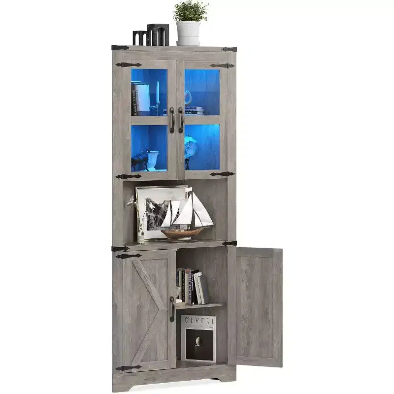 Meuble d'angle de ferme haut avec lumières intégrées, porte vitrée et étagères réglables, parfait pour le salon et l'organisation de la cuisine