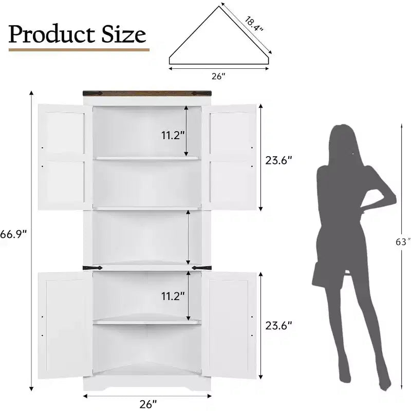 Meuble d'angle de ferme haut avec lumières intégrées, porte vitrée et étagères réglables, parfait pour le salon et l'organisation de la cuisine