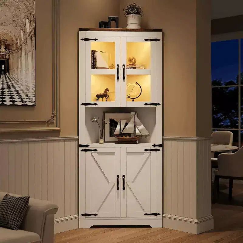Meuble d'angle de ferme haut avec lumières intégrées, porte vitrée et étagères réglables, parfait pour le salon et l'organisation de la cuisine