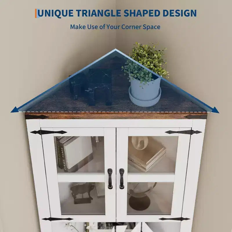 Meuble d'angle de ferme haut avec lumières intégrées, porte vitrée et étagères réglables, parfait pour le salon et l'organisation de la cuisine