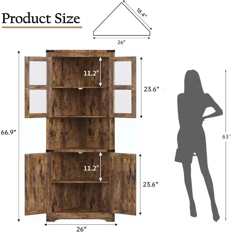 Meuble d'angle de ferme haut avec lumières intégrées, porte vitrée et étagères réglables, parfait pour le salon et l'organisation de la cuisine