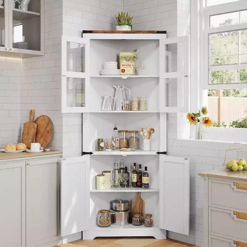 Meuble d'angle de ferme haut avec lumières intégrées, porte vitrée et étagères réglables, parfait pour le salon et l'organisation de la cuisine