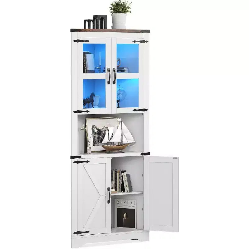Meuble d'angle de ferme haut avec lumières intégrées, porte vitrée et étagères réglables, parfait pour le salon et l'organisation de la cuisine