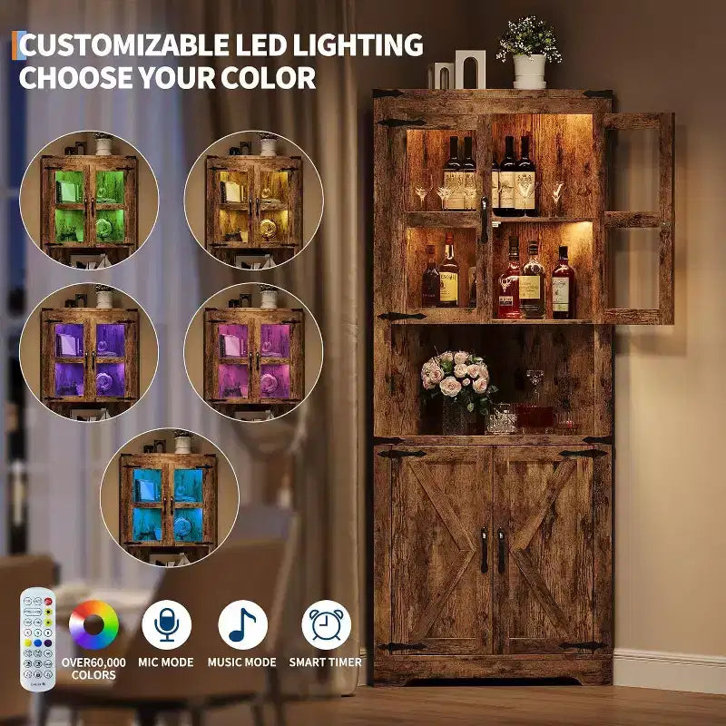 Meuble d'angle de ferme haut avec lumières intégrées, porte vitrée et étagères réglables, parfait pour le salon et l'organisation de la cuisine