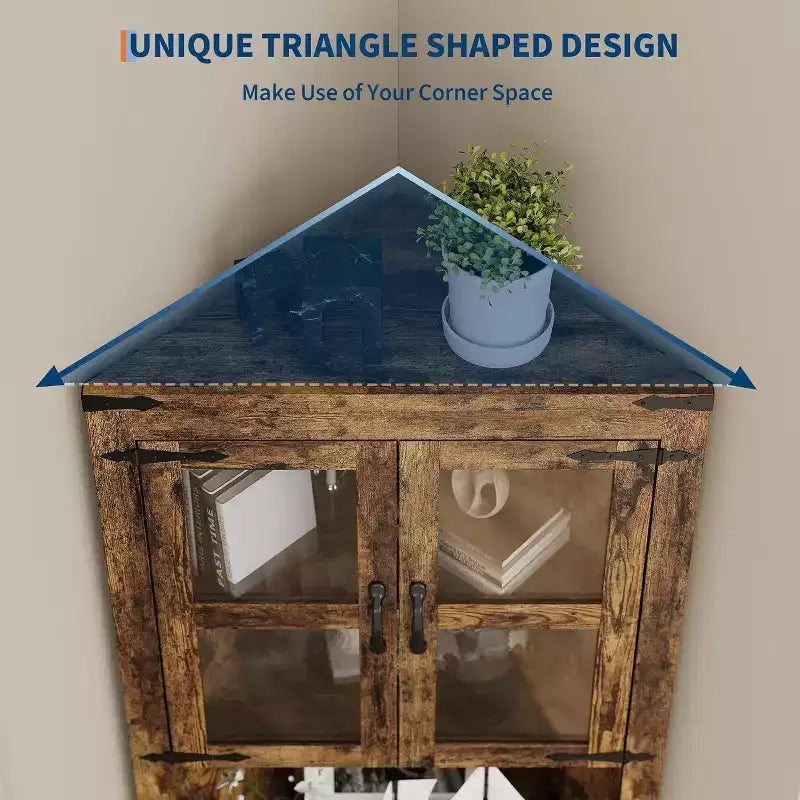 Meuble d'angle de ferme haut avec lumières intégrées, porte vitrée et étagères réglables, parfait pour le salon et l'organisation de la cuisine