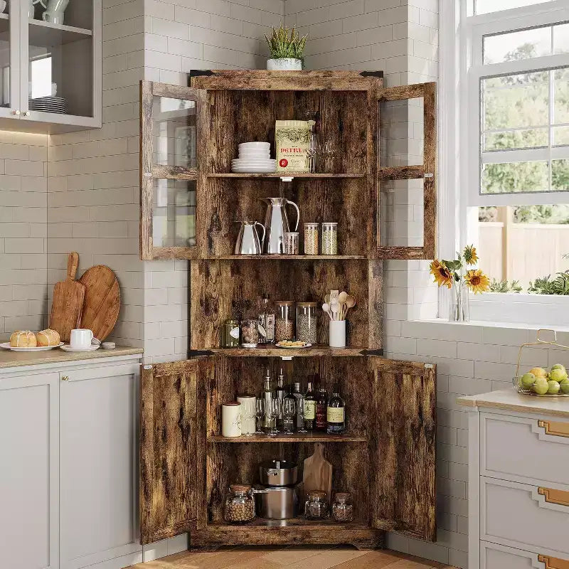 Meuble d'angle de ferme haut avec lumières intégrées, porte vitrée et étagères réglables, parfait pour le salon et l'organisation de la cuisine