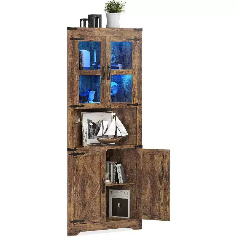 Meuble d'angle de ferme haut avec lumières intégrées, porte vitrée et étagères réglables, parfait pour le salon et l'organisation de la cuisine