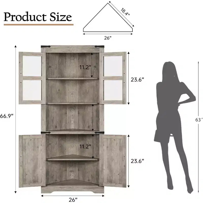 Meuble d'angle de ferme haut avec lumières intégrées, porte vitrée et étagères réglables, parfait pour le salon et l'organisation de la cuisine