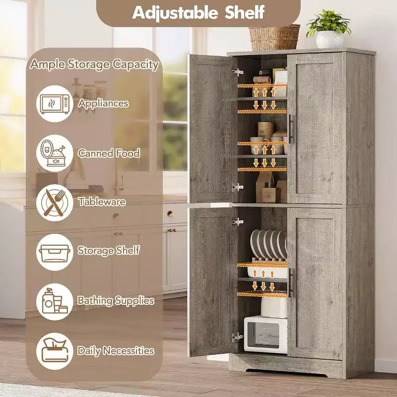 Armoire de cuisine autoportante avec portes et étagères réglables, Armoire de rangement haute de 178 cm, Meuble polyvalent