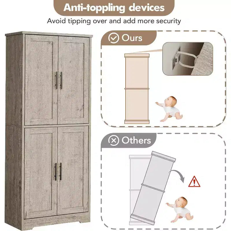Armoire de cuisine autoportante avec portes et étagères réglables, Armoire de rangement haute de 178 cm, Meuble polyvalent