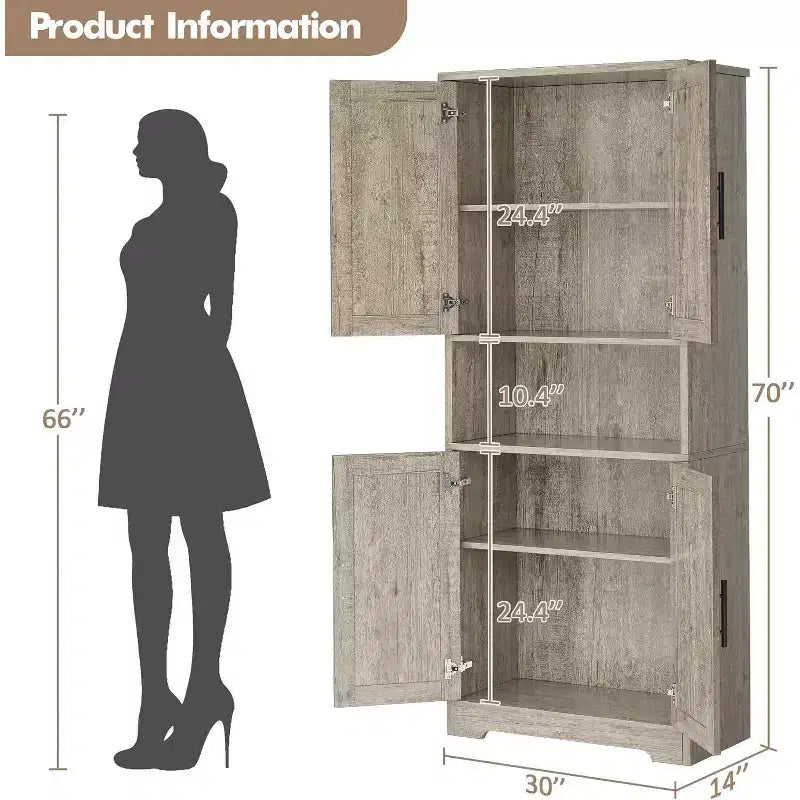 Armoire de cuisine autoportante avec portes et étagères réglables, Armoire de rangement haute de 178 cm, Meuble polyvalent