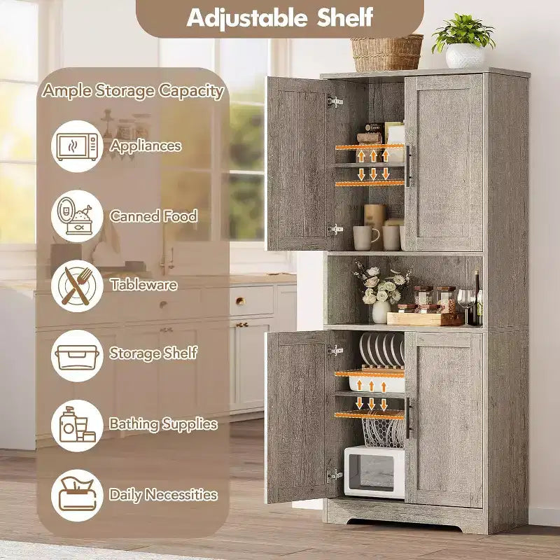 Armoire de cuisine autoportante avec portes et étagères réglables, Armoire de rangement haute de 178 cm, Meuble polyvalent