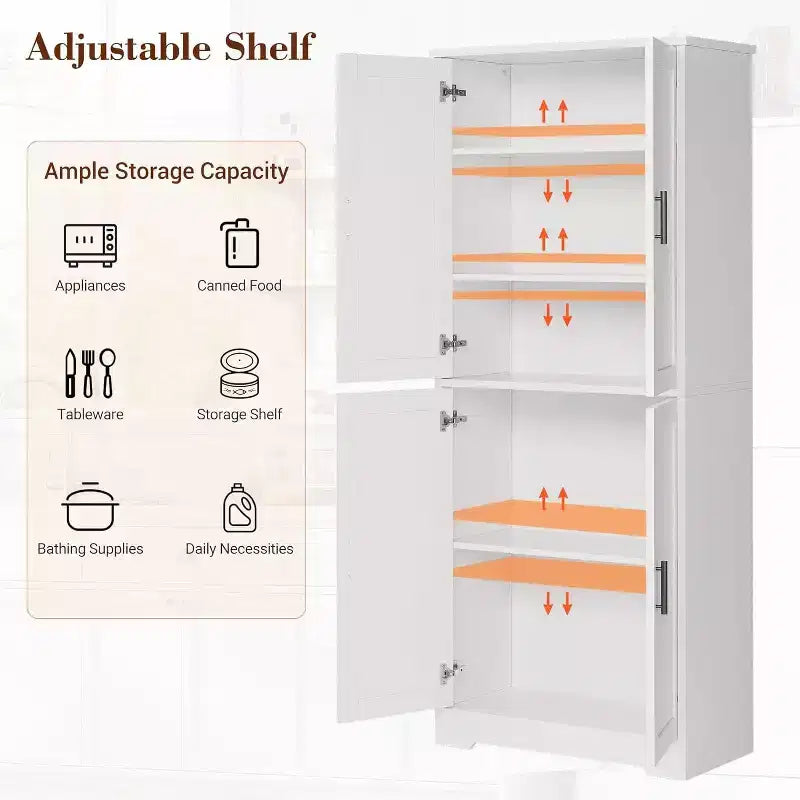 Armoire de cuisine autoportante avec portes et étagères réglables, Armoire de rangement haute de 178 cm, Meuble polyvalent