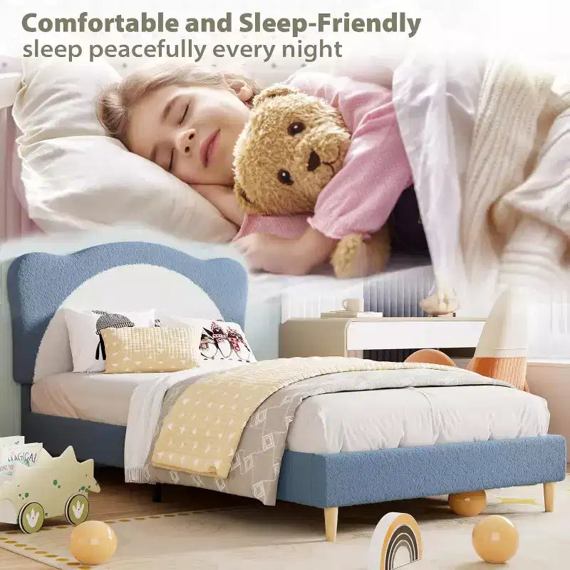 Cadre de lit rembourré Acekool Twin Size Boucle, tête de lit souple, support à lattes, pas besoin de sommier tapissier, lit enfant silencieux, montage facile, gris blanc