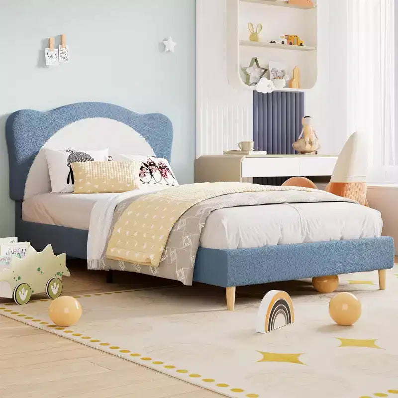 Cadre de lit rembourré Acekool Twin Size Boucle, tête de lit souple, support à lattes, pas besoin de sommier tapissier, lit enfant silencieux, montage facile, gris blanc