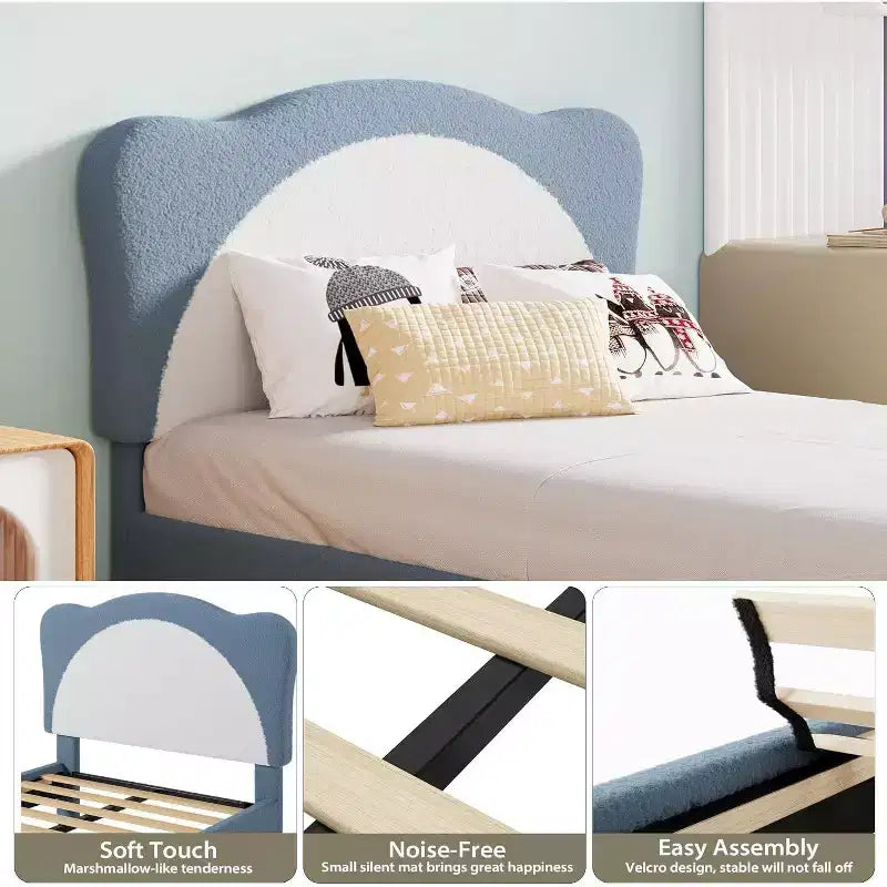 Cadre de lit rembourré Acekool Twin Size Boucle, tête de lit souple, support à lattes, pas besoin de sommier tapissier, lit enfant silencieux, montage facile, gris blanc