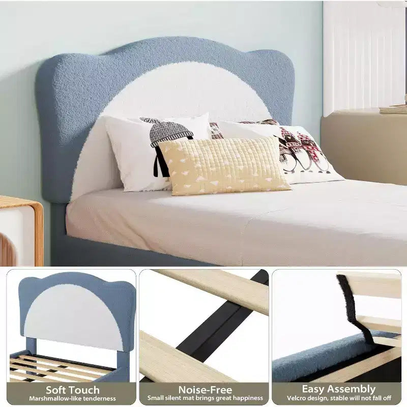 Cadre de lit rembourré Acekool Twin Size Boucle, tête de lit souple, support à lattes, pas besoin de sommier tapissier, lit enfant silencieux, montage facile, gris blanc
