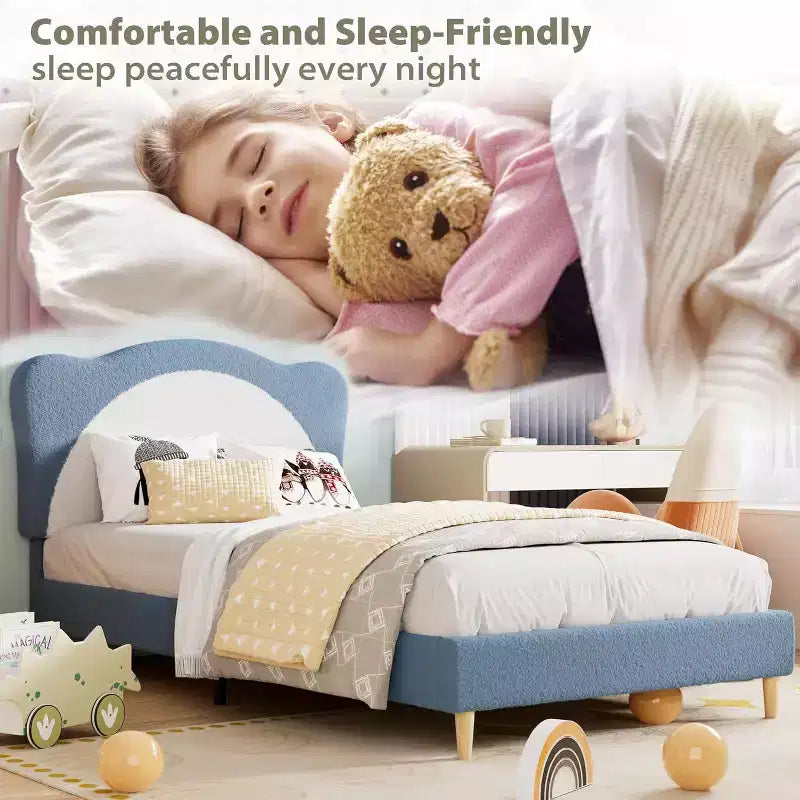 Cadre de lit rembourré Acekool Twin Size Boucle, tête de lit souple, support à lattes, pas besoin de sommier tapissier, lit enfant silencieux, montage facile, gris blanc