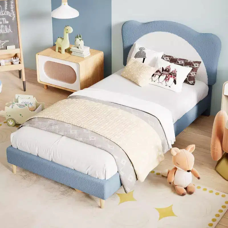 Cadre de lit rembourré Acekool Twin Size Boucle, tête de lit souple, support à lattes, pas besoin de sommier tapissier, lit enfant silencieux, montage facile, gris blanc
