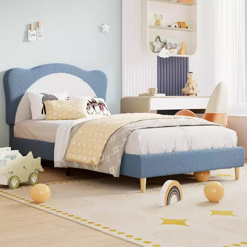 Cadre de lit rembourré Acekool Twin Size Boucle, tête de lit souple, support à lattes, pas besoin de sommier tapissier, lit enfant silencieux, montage facile, gris blanc
