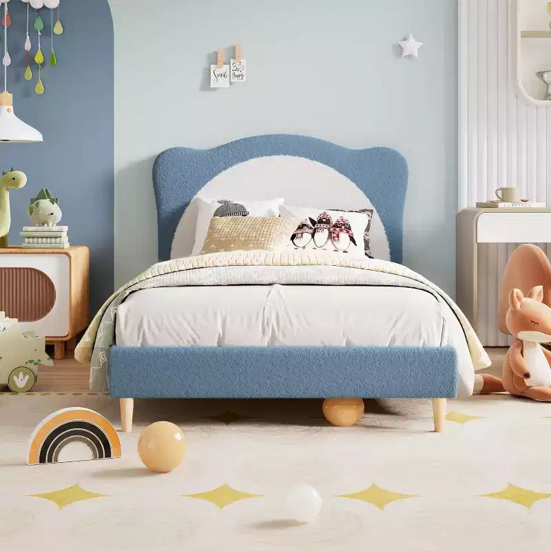 Cadre de lit rembourré Acekool Twin Size Boucle, tête de lit souple, support à lattes, pas besoin de sommier tapissier, lit enfant silencieux, montage facile, gris blanc