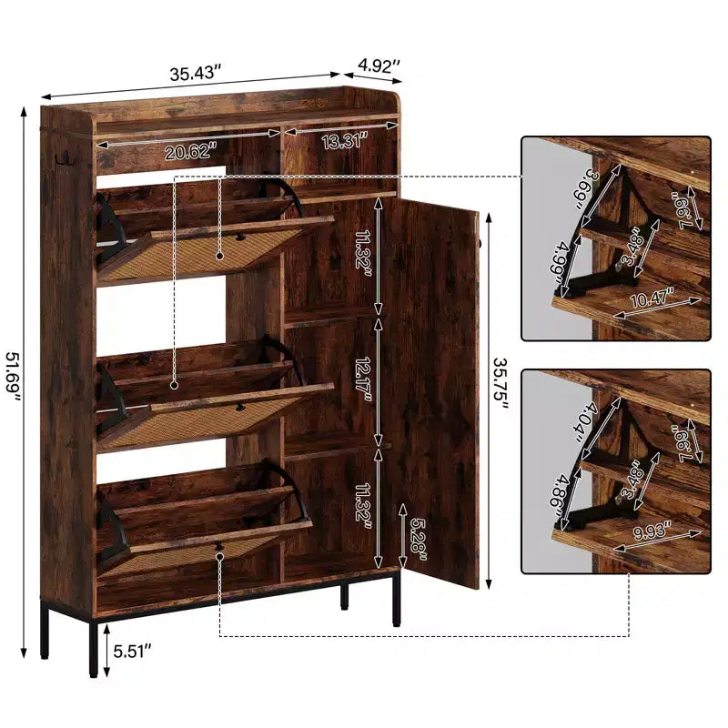 Meuble à chaussures en rotin avec 3 tiroirs basculants, meuble de rangement à chaussures dissimulé, organisateur à chaussures étroit en bois à 4 niveaux pour entrée, couloir, salon