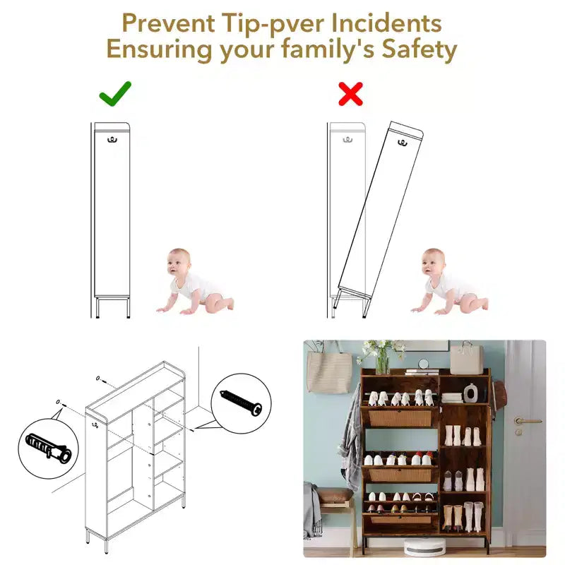 Meuble à chaussures en rotin avec 3 tiroirs basculants, meuble de rangement à chaussures dissimulé, organisateur à chaussures étroit en bois à 4 niveaux pour entrée, couloir, salon