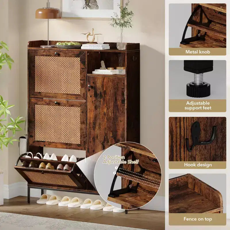 Meuble à chaussures en rotin avec 3 tiroirs basculants, meuble de rangement à chaussures dissimulé, organisateur à chaussures étroit en bois à 4 niveaux pour entrée, couloir, salon