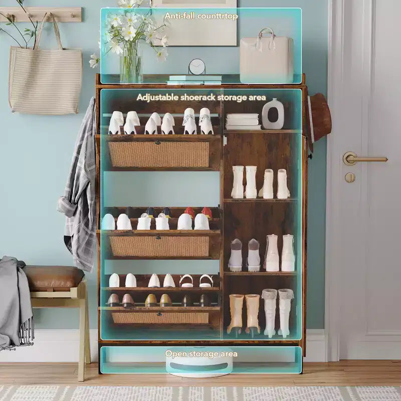 Meuble à chaussures en rotin avec 3 tiroirs basculants, meuble de rangement à chaussures dissimulé, organisateur à chaussures étroit en bois à 4 niveaux pour entrée, couloir, salon