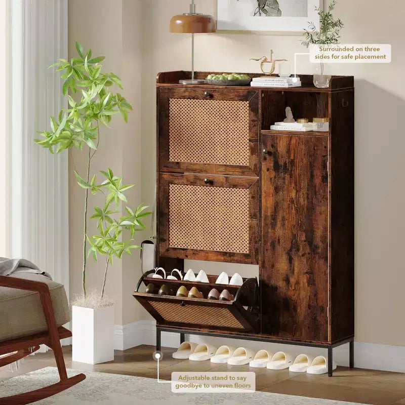 Meuble à chaussures en rotin avec 3 tiroirs basculants, meuble de rangement à chaussures dissimulé, organisateur à chaussures étroit en bois à 4 niveaux pour entrée, couloir, salon