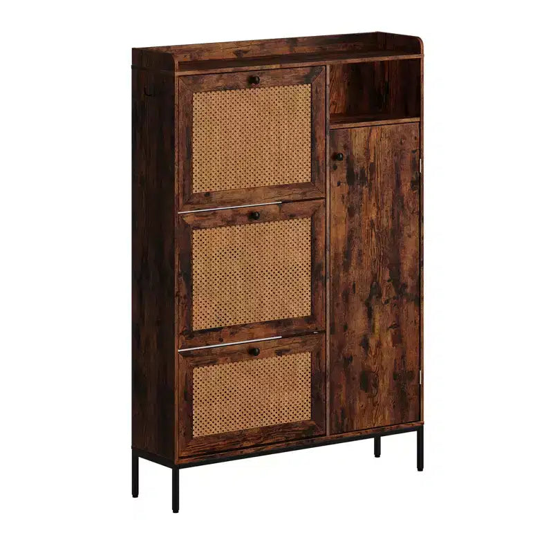 Meuble à chaussures en rotin avec 3 tiroirs basculants, meuble de rangement à chaussures dissimulé, organisateur à chaussures étroit en bois à 4 niveaux pour entrée, couloir, salon